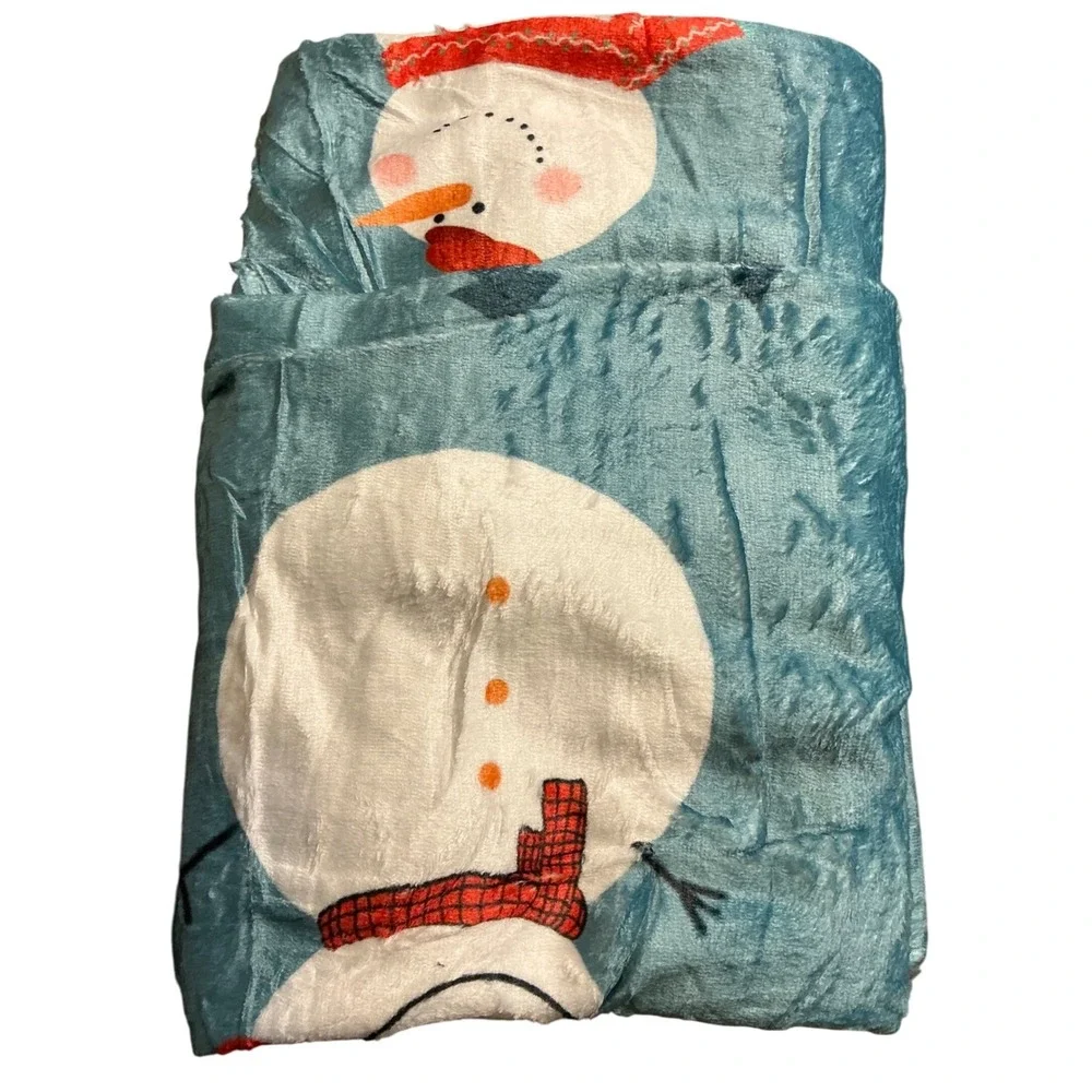 Cozy Plush Snowman Christmas Blanket Throw 50x60 Teal Blue